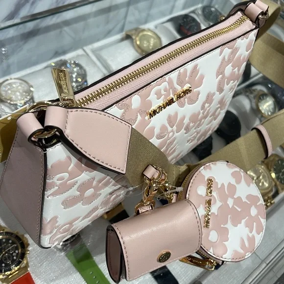 Michael Kors Jet Set Sm Sequined Floral Print Crossbody Case for Apple Airpods P - Picture 7 of 16